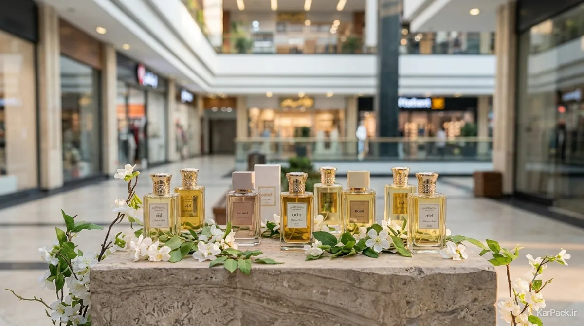 فروشگاه مدرن عطر با قفسه‌های متنوع، ویترین شیشه‌ای و مشتری در حال بررسی عطرهای اقتصادی